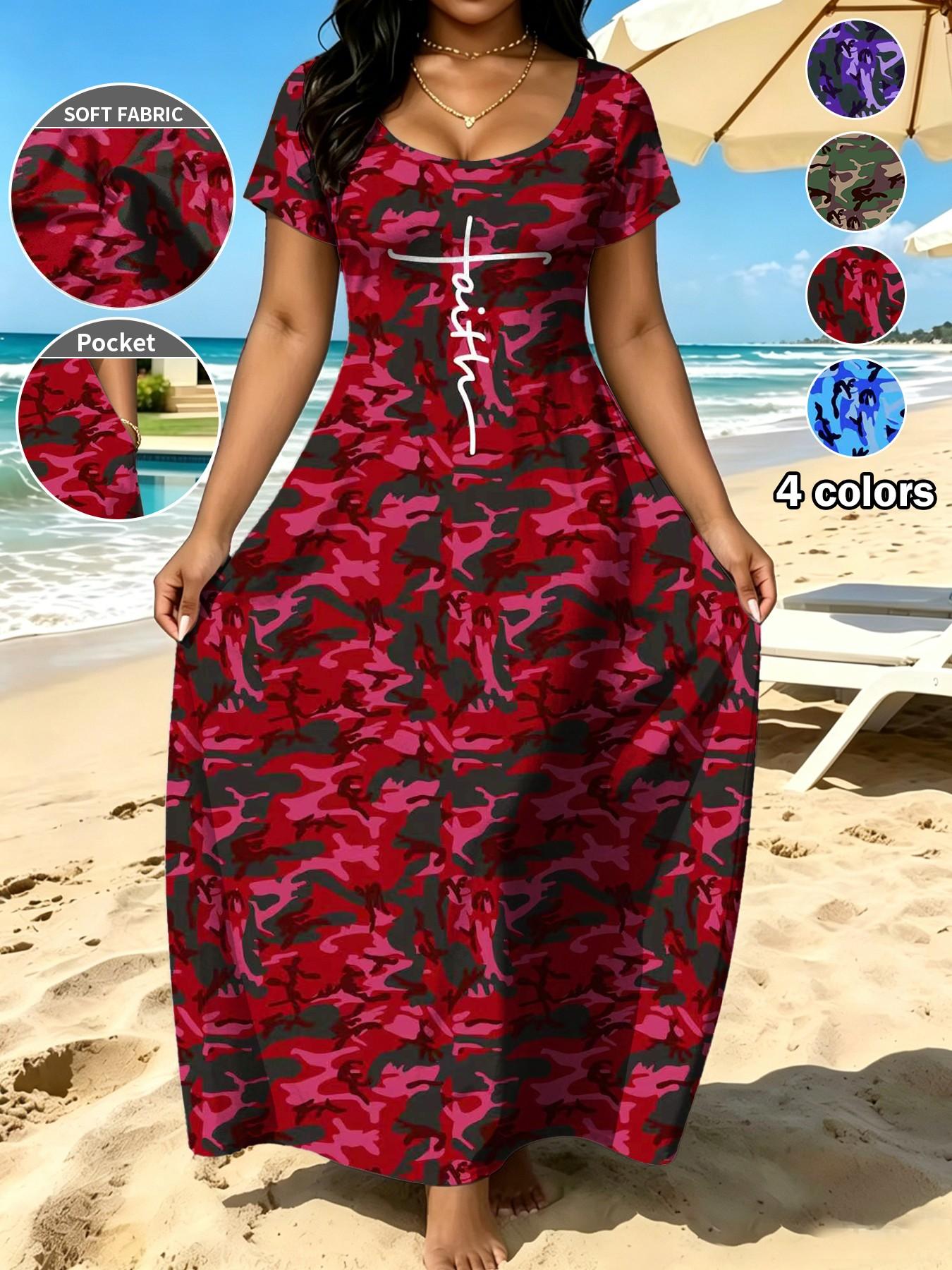Plus Size Women's Summer Vintage Camouflage Letter Print Dress, Womenswear, Loose Fit Round Neck Long Skirt with Pockets, Casual Daily Wear