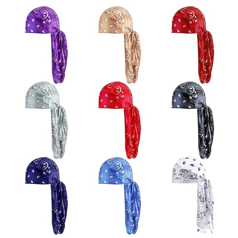 4pcs Men's Paisley Silky Durags Hiphop Head Wrap Du Rags Bandana Cap Pirate Hat Headband Long Tail Cap