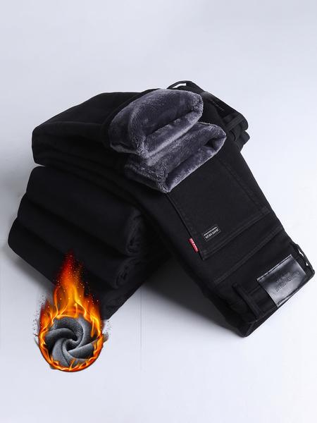 Men's Thick Winter Denim Jeans, High Waist Loose Straight Leg Pants, Fitted Street Style Warm Elastic Casual Trousers