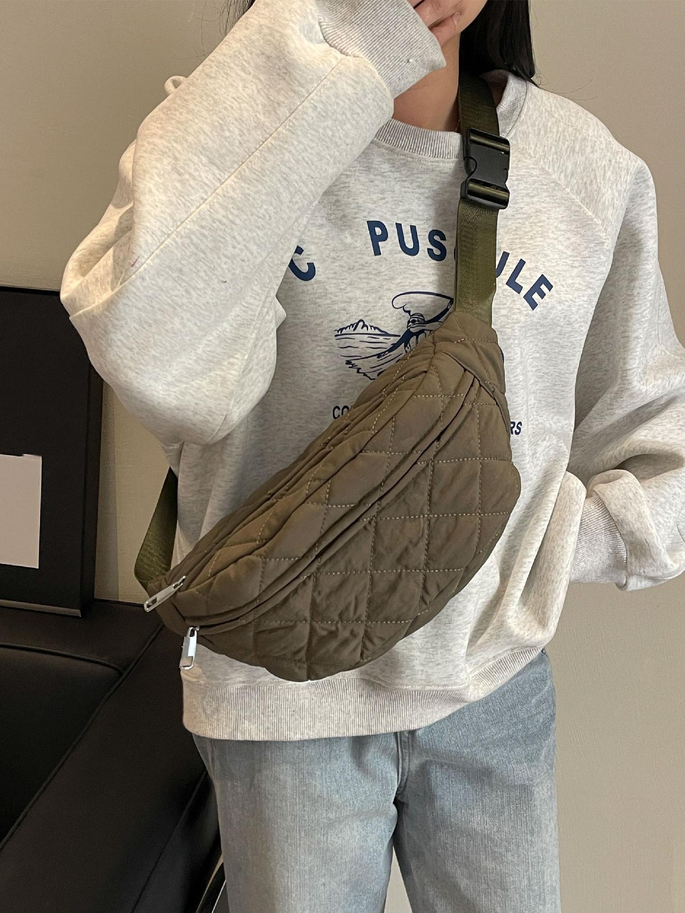 Women's Solid Color Quilted Fanny Pack, Fashionable Argyle Embossed Zipper Chest Bag for Daily Used, Casual Trendy Versatile High-quality Daily Commuting Bag