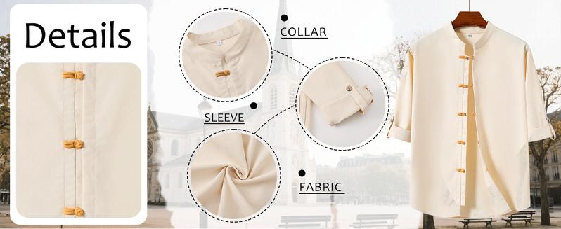 Zaitun Men's Linen Shirt Casual Buttons Down Roll-Up Sleeve Shirt Summer Zen Style T-shirts Kongfu Shirt Karate Shirt