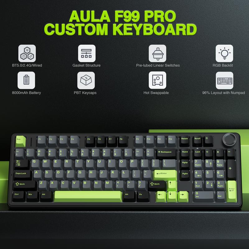 AULA F99 Pro Wireless Gaming Mechanical Keyboard with Knob Control, Tri-Mode BT5.0/USB-C/2.4GHz Hot Swappable Custom Keyboard,Pre-lubed Linear Switches,Gasket Structure,RGB Backlit Computer Gaming Keyboards PC Accessories   TikTokShopfalldealsforyou