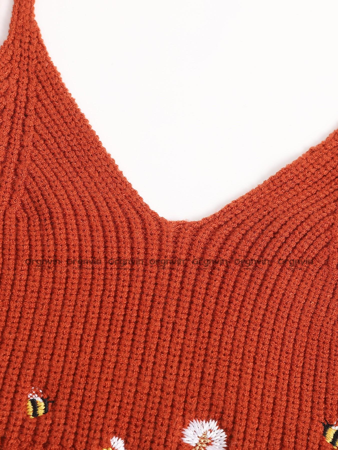 Women's Floral Embroidery Crop Sweater Vest, Boho Sleeveless Spaghetti Strap Knit Top for Daily Wear, Ladies Clothes for All Seasons, Floral Embroidery Cami