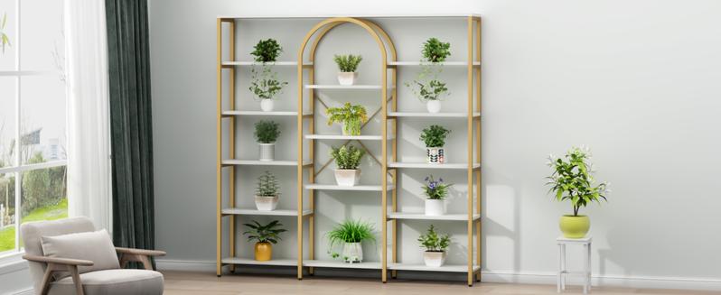 Triple Wide Gold Bookshelf, 70.87" W x 71.34" H Large Modern Etagere Bookcase, Tall Display Shelf with 13-Tier Open Shelves, Freestanding Staggered Storage Shelf for Home, White/Gold