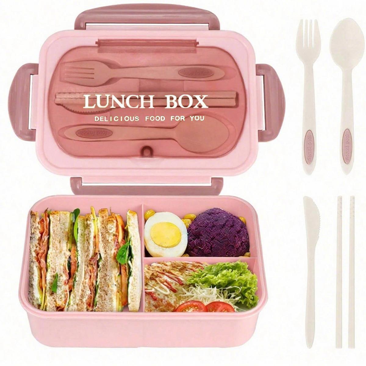 Leak-Proof Bento Box with Utensils, Microwave Safe, 3 Compartment Design, School & Work Lunchbox, Outdoor Meal Container, Safety Lock Lid