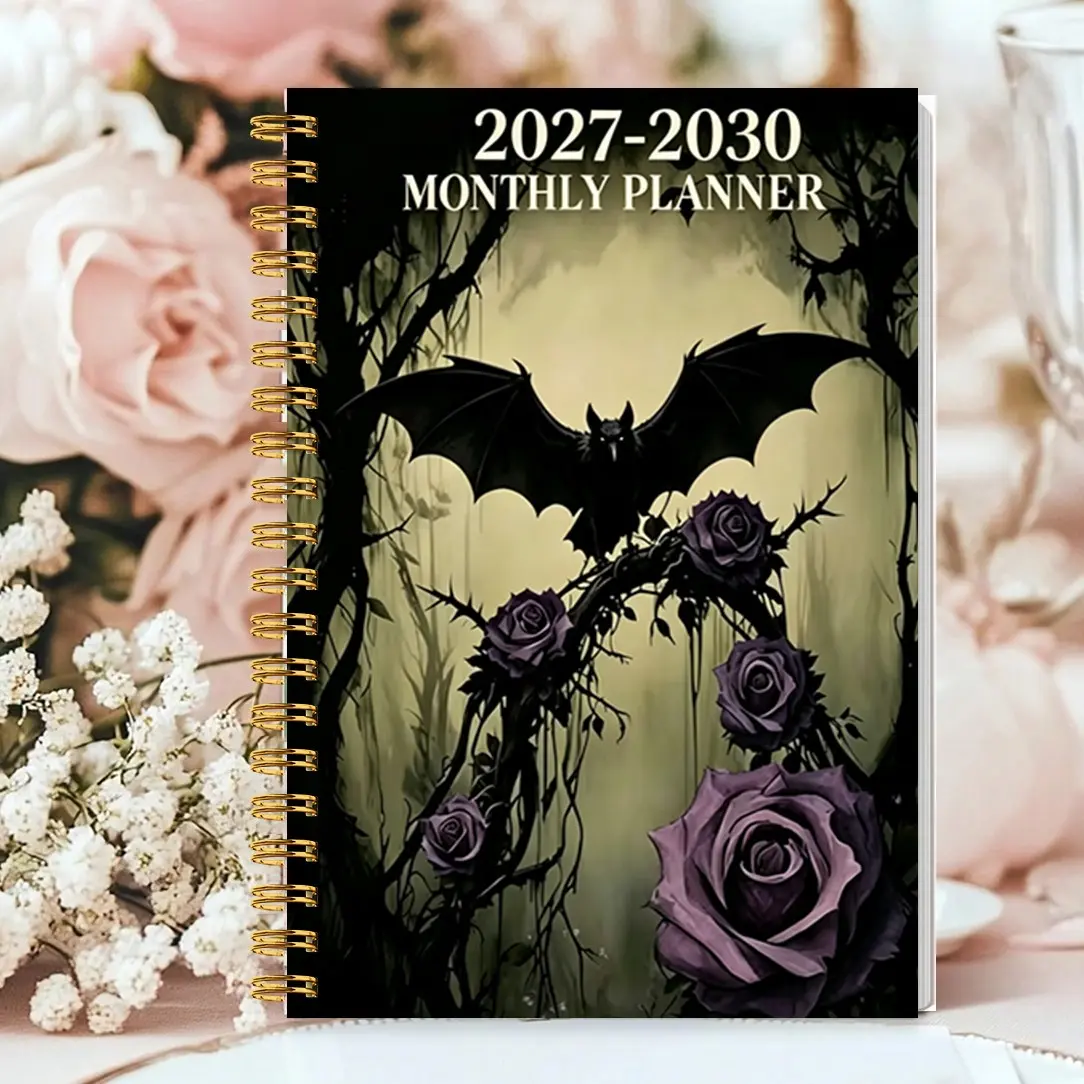 A5 2027-2030 Four Year Monthly Planner, Spooky Forest Bat Thorn Rose Cover, Witchy Gothic Aesthetic, Back to School Supplies