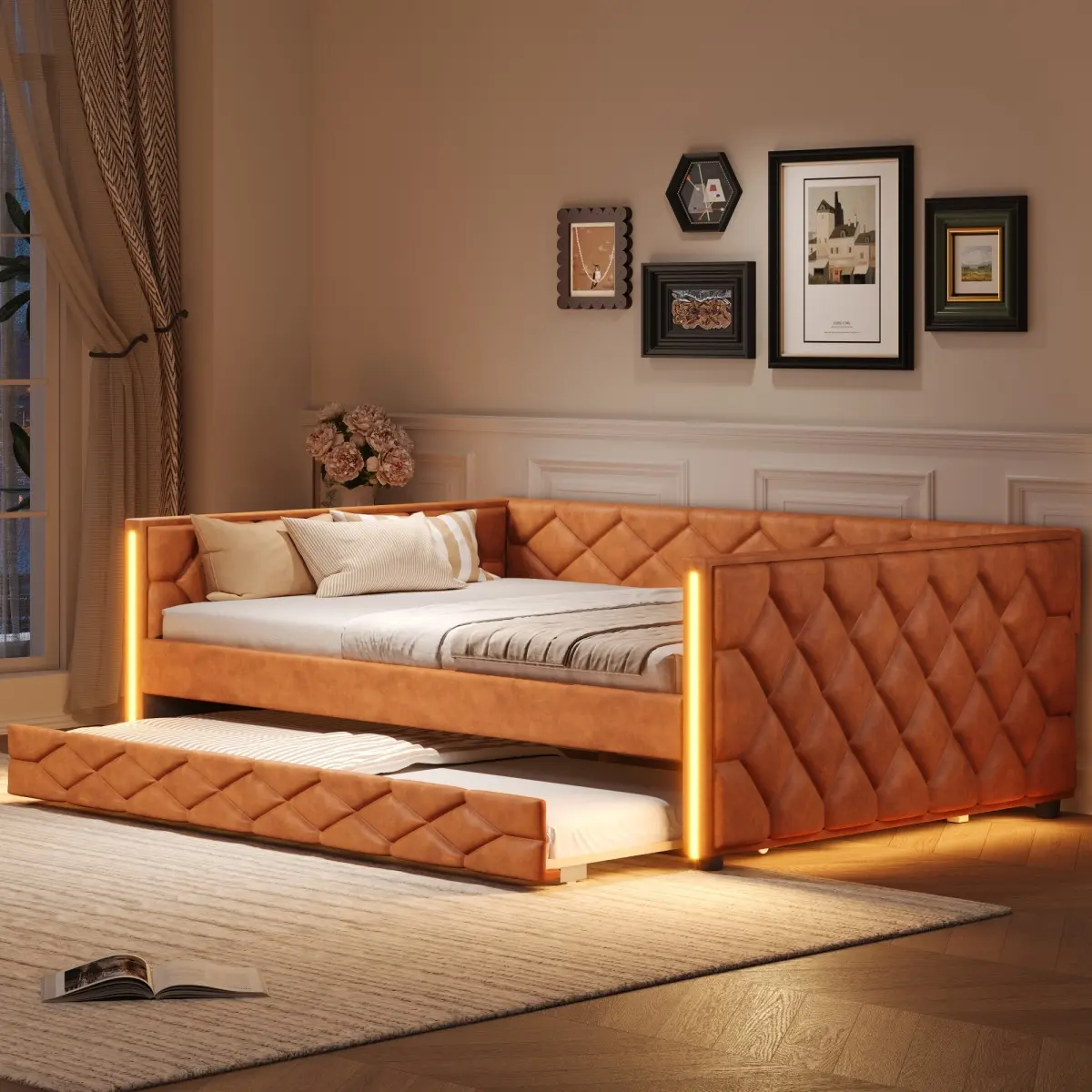 PU Leather Upholstered Daybed with Pull Out Trundle Bed, LED Light Armrests, Multi-Functional Sofa Bed, Solid Wood Frame for Guest Room