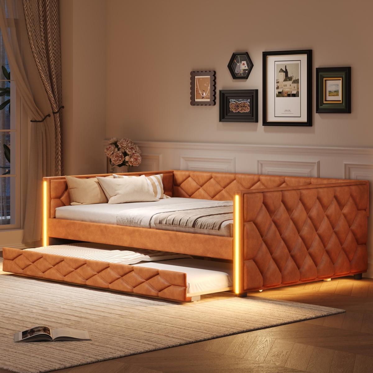 PU Leather Upholstered Daybed with Pull Out Trundle Bed, LED Light Armrests, Multi-Functional Sofa Bed, Solid Wood Frame for Guest Room PU Leather Upholstered Daybed with Pull Out Trundle Bed, LED Light Armrests, Multi-Functional Sofa Bed, Solid Wood Frame for Guest Room