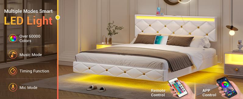 Hasuit Floating Bed Frame Queen Size with LED Lights and Charging Station, Modern Queen Platform Bed with Vegan Leather Upholstered Headboard, No Box Spring Needed, Noise Free, Easy to Assemble