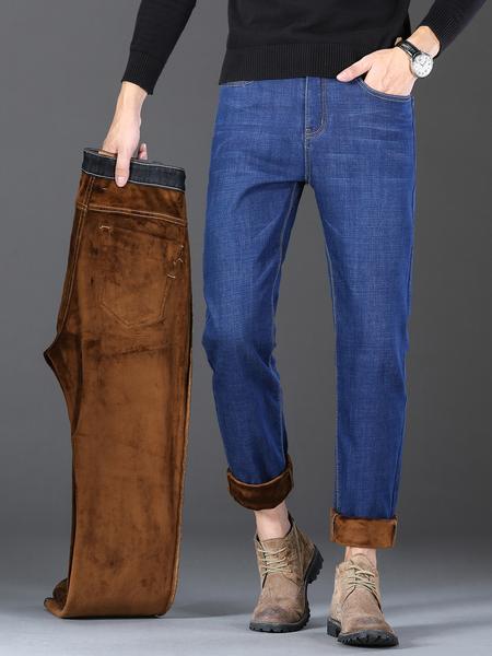 Men's Fleece Lined Thick Denim Jeans, Loose Straight Leg Elastic Big Size Business Casual Pants for Fall Winter, Comfortable & Stylish