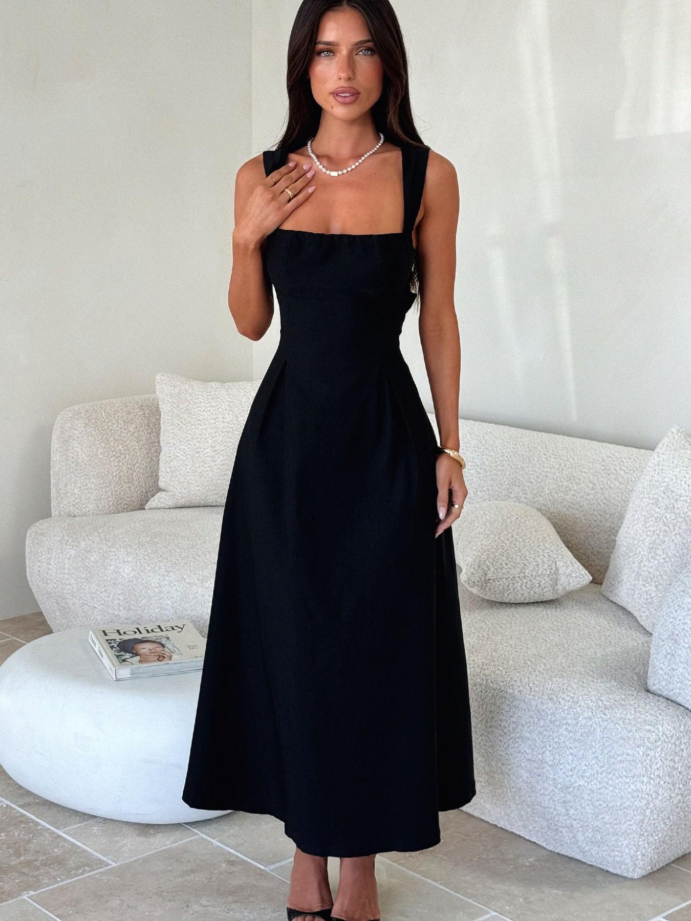 Elegant Vintage Square Neck Back Tie Strap Dress, Sleeveless Fitted Midi Dress, Casual Plain Style Day Evening, Women's Fashion Clothing, Casual Wear, Womenswear
