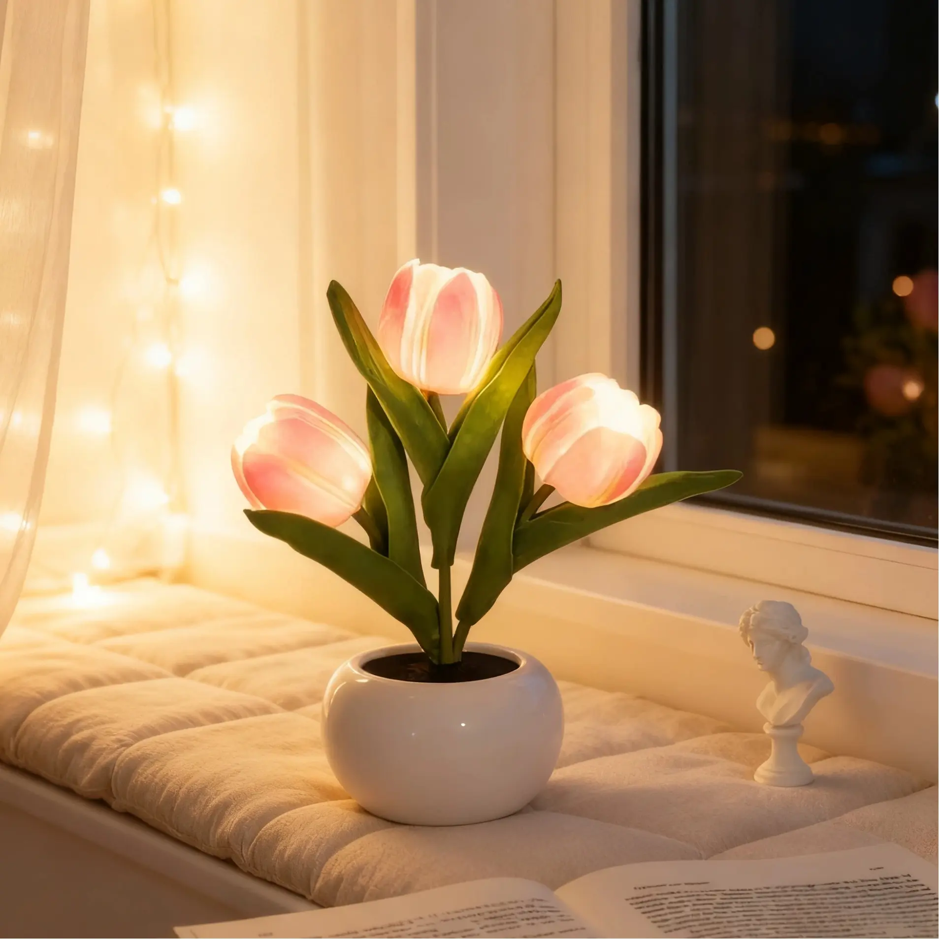 Glowing Tulip Simulation Night Light with Vase, Modern Cozy Atmosphere Lamp, Home Office Desk Decor, Mother's Day Valentine's Gift