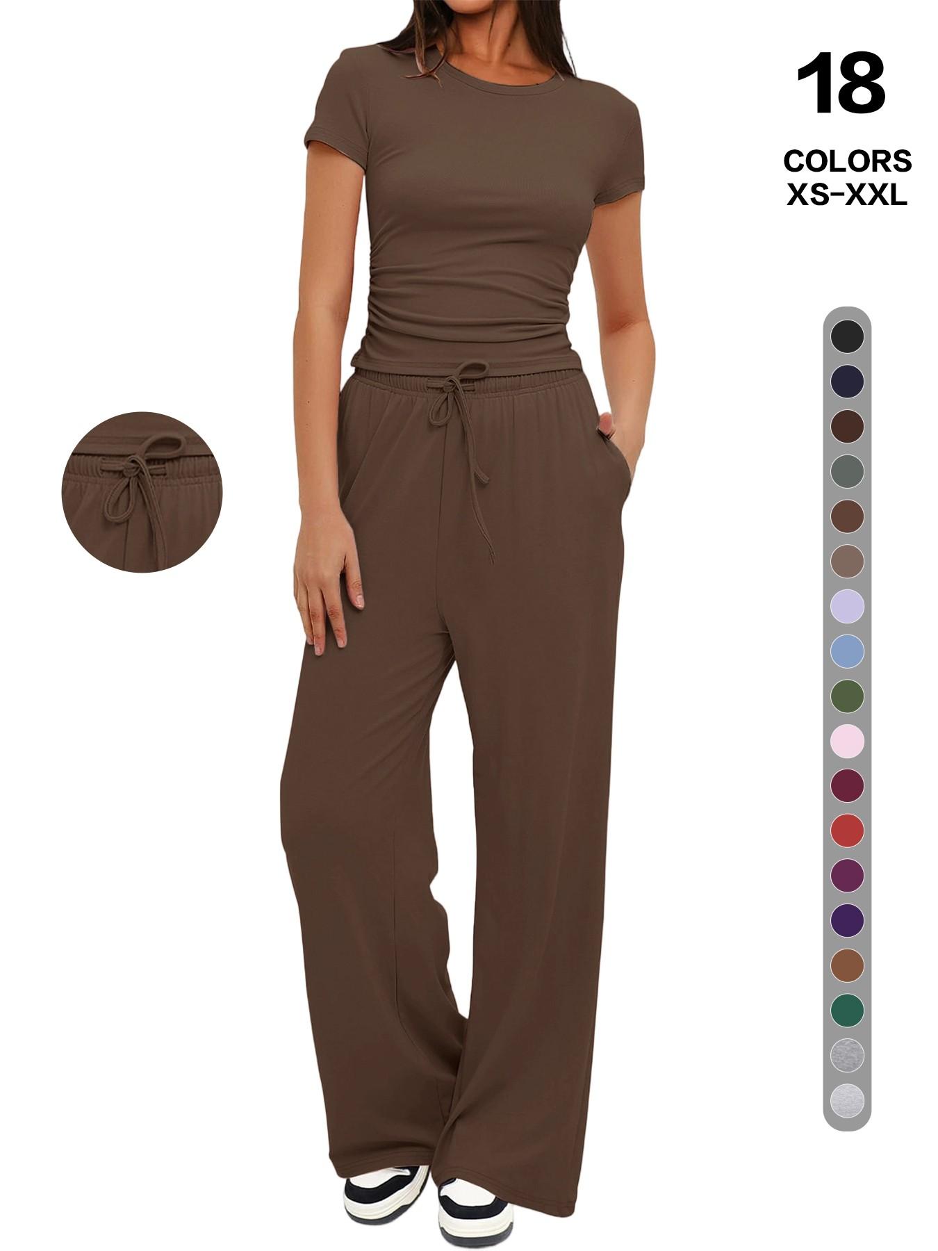 2026 Women's Solid Round Neck Short Tee and Pants, 2- or 6-Piece Set, Casual Comfy Elastic Pajama Set for Women, Cozy Loungewear for Daily Home Wear