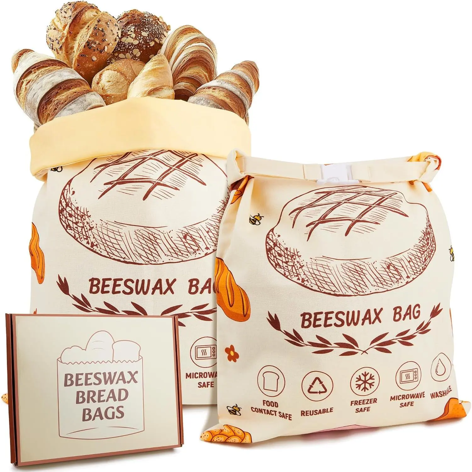 Beeswax Bread Bags for Homemade Bread, 2 count   Bread Bags, 17''x13'' Sourdough Storage, Large  Bread Bag,  Loaf Guard