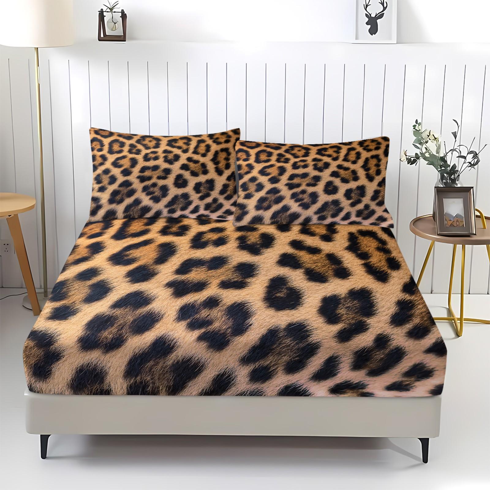 3pcs Leopard Print Fitted Sheet Set, Faux Fur Look Leopard Bed Sheet Set, Soft Microfiber Bedding Set (No Filler), Luxury Wild Animal Print Decor for Kids Boys Girls Bedroom & Dorm Room