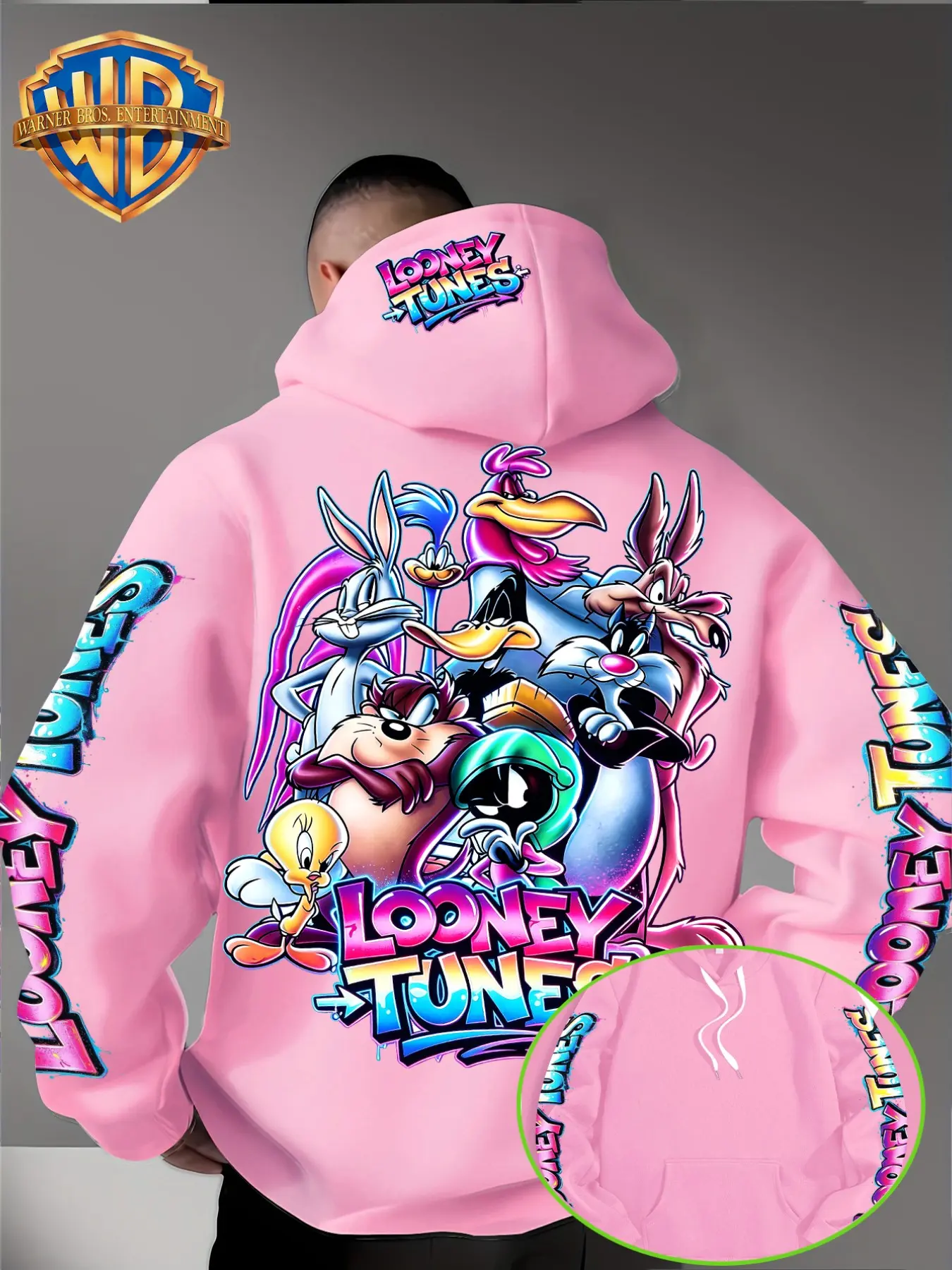 Warner Bros Officially Licensed Looney Tunes Neon Graffiti Cartoon Print Hoodie, Unisex Loose Street Style Pullover, Fleece Warm for Fall Winter, Ideal for Outdoor Travel Daily Wear, Halloween Christmas Gift
