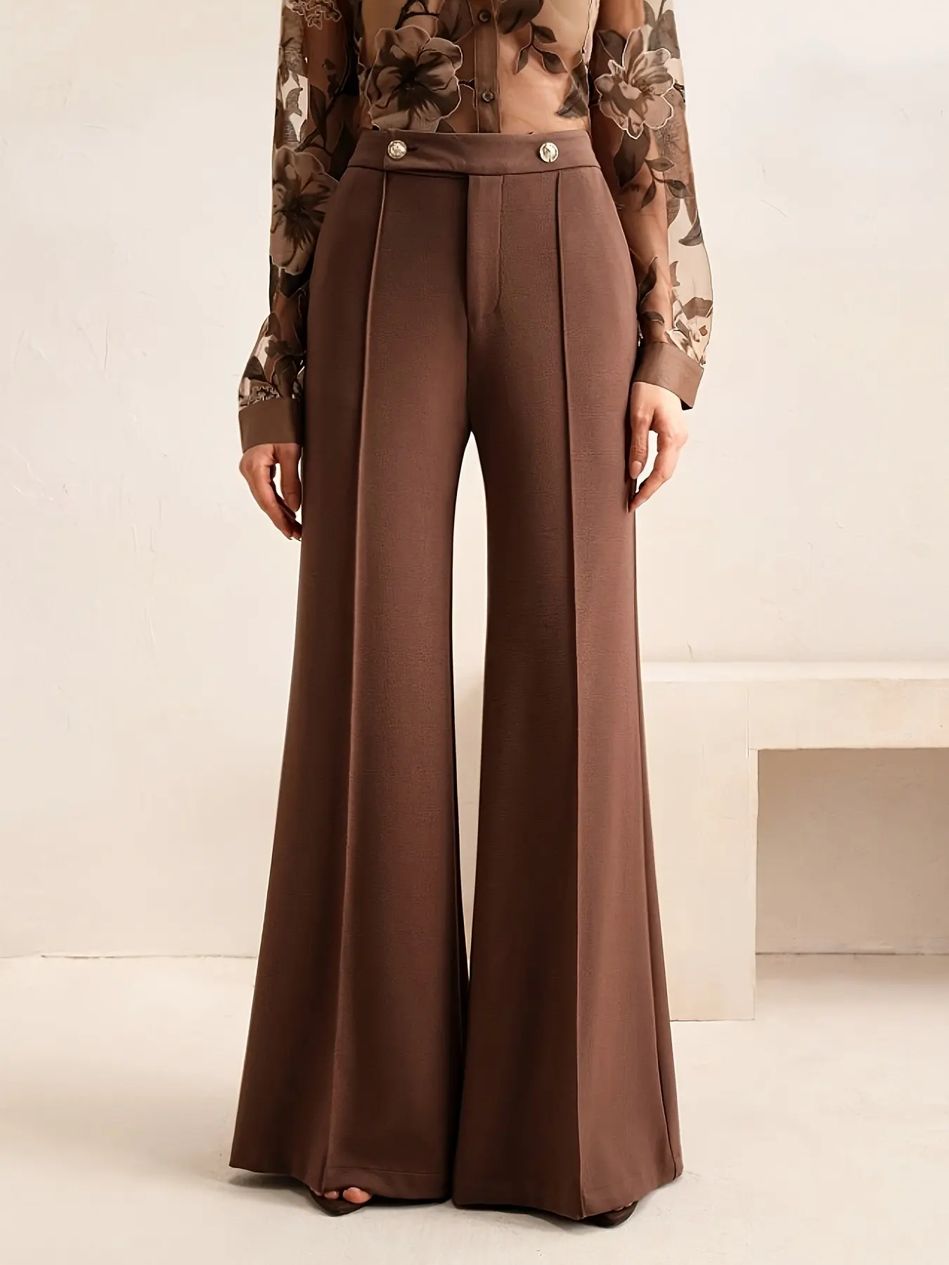 Women High Waist Metal Button Centre Seam Flared Trousers Elegant Smart Casual Office Suit Pants Coffee Brown