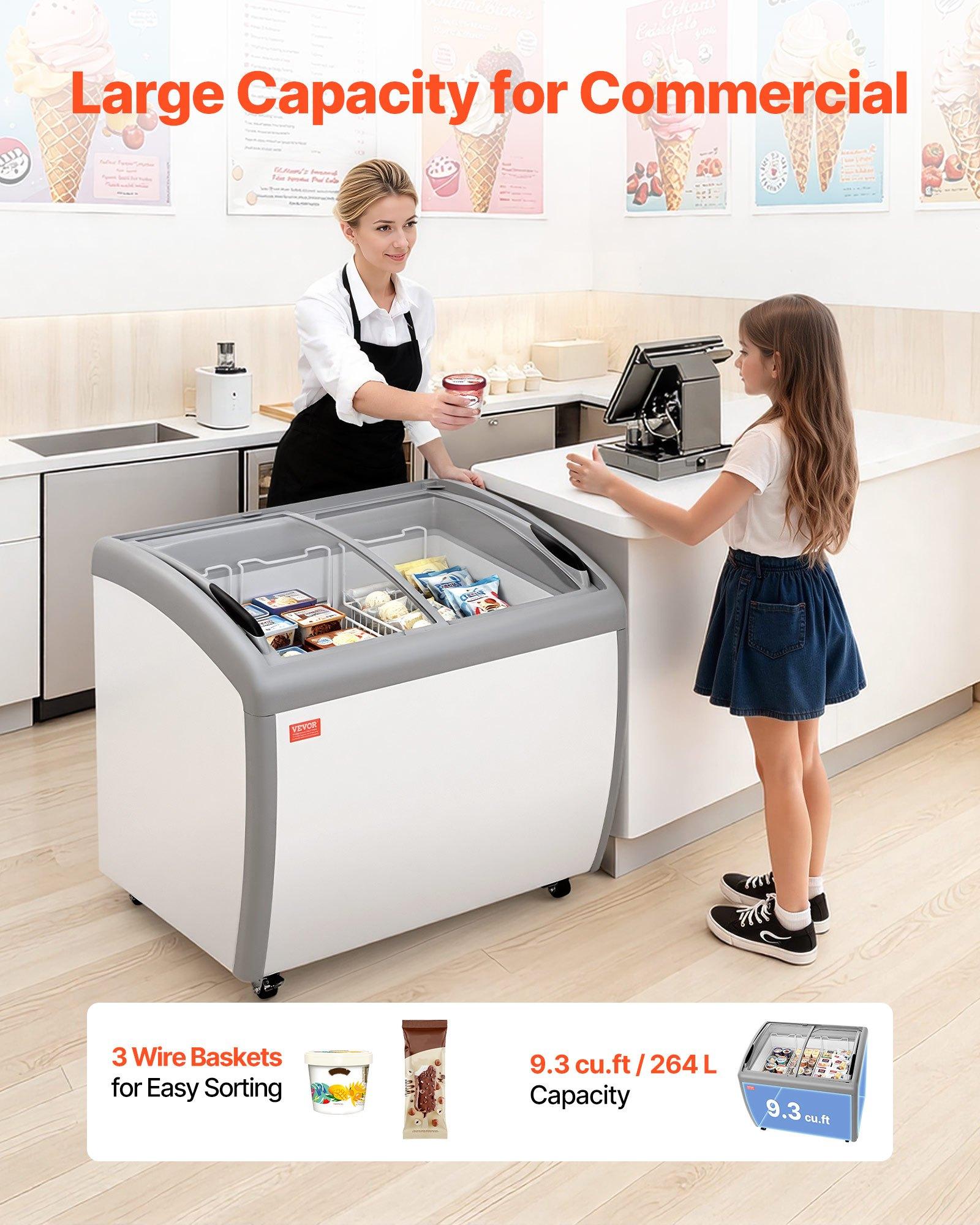 VEVOR Commercial Ice Cream Display Case, 9.3 Cu.ft (264L) Direct Cooling Cold Rolled Plate Chest Freezer, --19 To 3 ℉℉ Temp Adjustable, with 3 Wire Ice Cream Baskets, 2 Sliding Tempered Glass Doors, Locking Casters & LED Strip Lighting for Cafe Owners, Ba