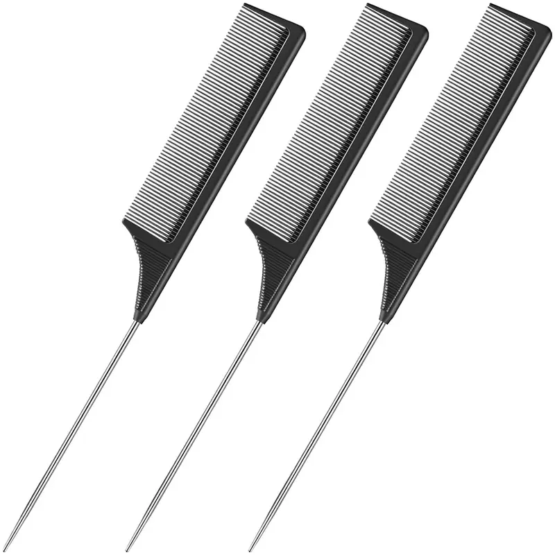 3 Packs Carbon Fiber Rat Tail Combs, Heat-Resistant Teasing & Styling Combs with Stainless Steel Pintail, Durable Hairdressing Hair Tools