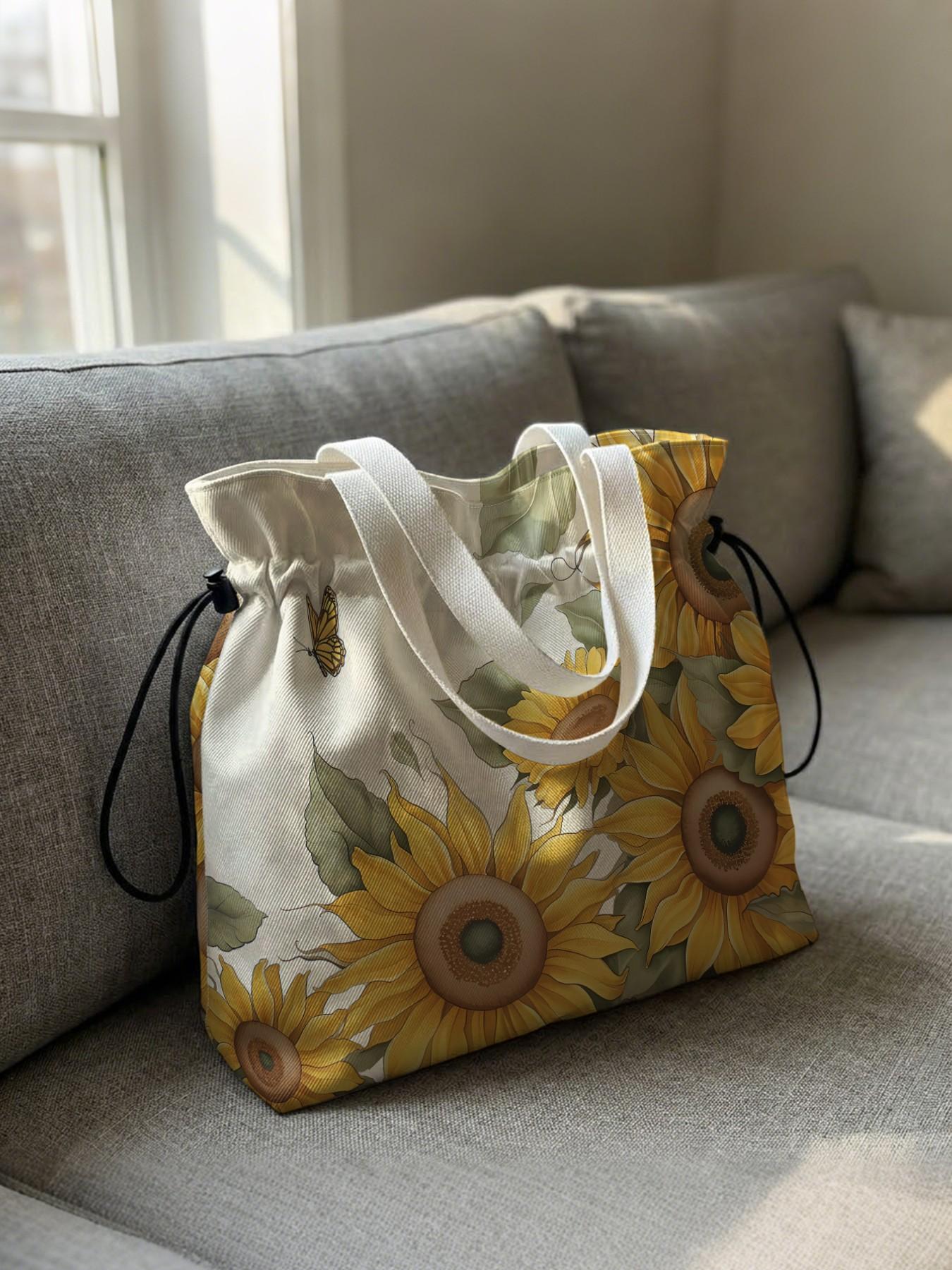 Sunflower Pattern Drawstring Tote Bag, Reusable Tote, Large Capacity Shopping Bag, Durable and Wear-Resistant, Casual Style for Work, Shopping, Picnic
