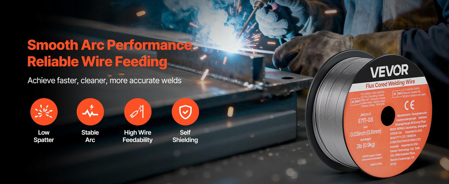 VEVOR Welder Flux Core MIG Wire, E71T-GS 0.03" Gasless Mild Steel Wire (2 lbs per Roll), Low Spatter for All-Position Arc Welding, Self-Shielded for Outdoor Use (3-Roll Pack), 0.03" Wire