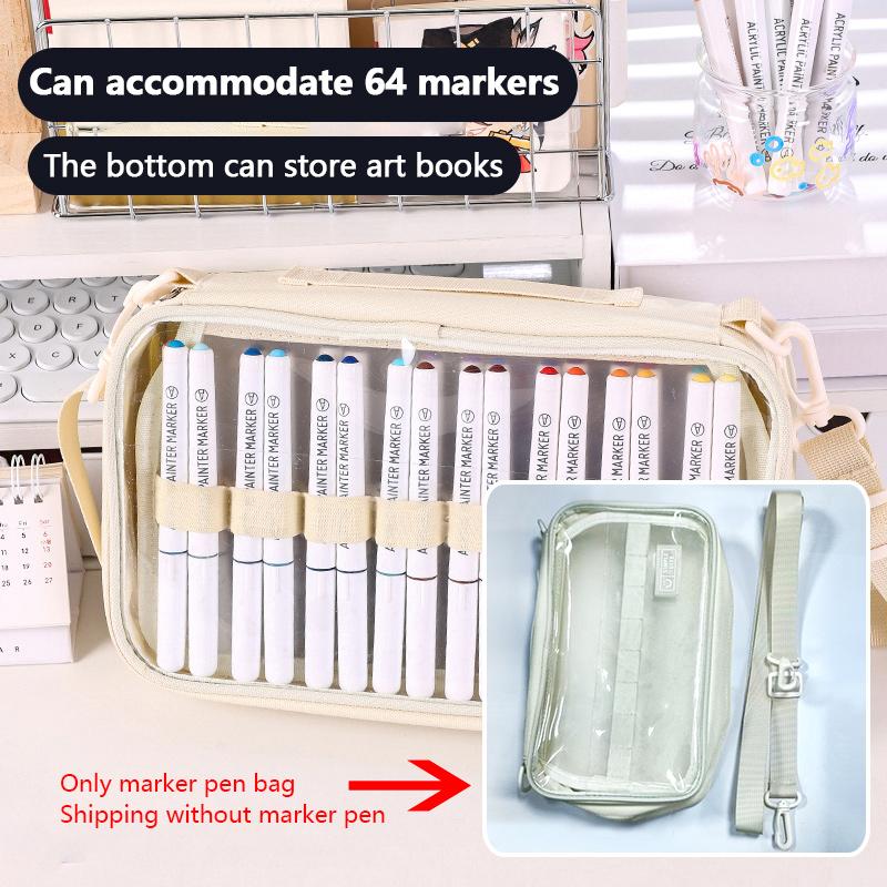 Mark Pen Storage Bag, Multi-Layer Organizer, Large Capacity Holds Up to 64 Mark Pens, Transparent Zippered Pouch with Shoulder Strap