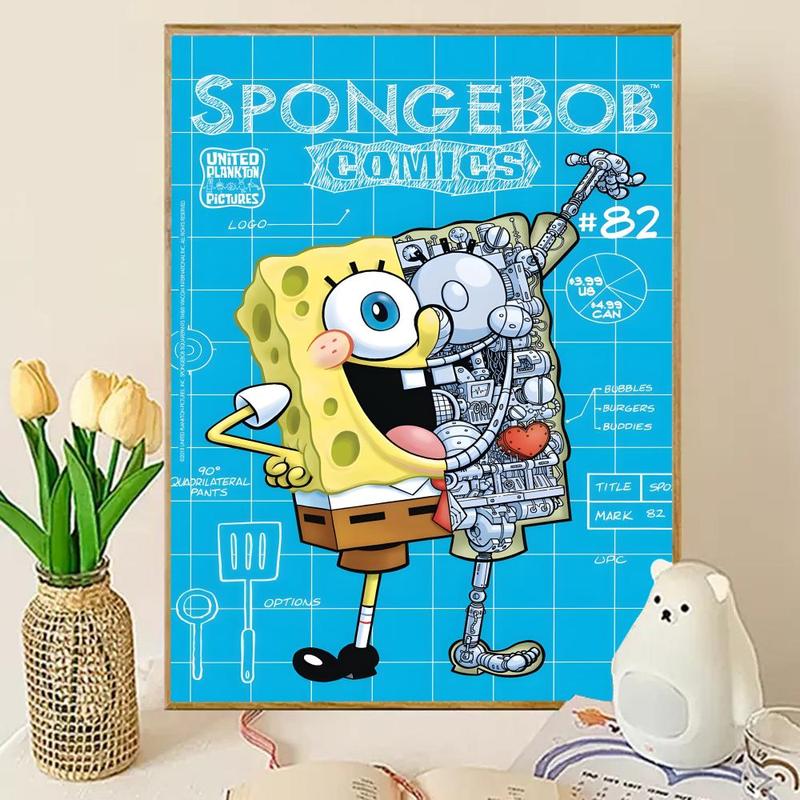 Animated Cartoon S-Sponge-Bob Poster Sticky Wall Art Printing Waterproof Modern Aesthetic Home Living Bedroom Decor Trendy Room Decoration Gift Durable High Quality