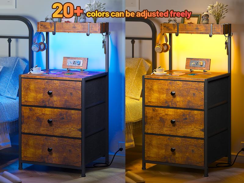 LED Nightstand Set of 2 with 3 Fabric Drawers & Shelf & Hooks, Tall Nightstand with LED & Power Outlet , End Table with Charging Station, Bed Side Table for Bedroom Furniture, White, Black, Rustic Brown
