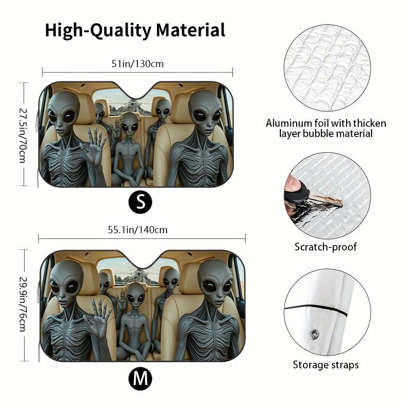 Funny Alien Crew Car Windshield Sunshade with 2 Suction Cups, Universal Fit Front Window Sun Shade, Blocks UV Rays & Keeps Car Cool, Novelty Auto Sun Protector