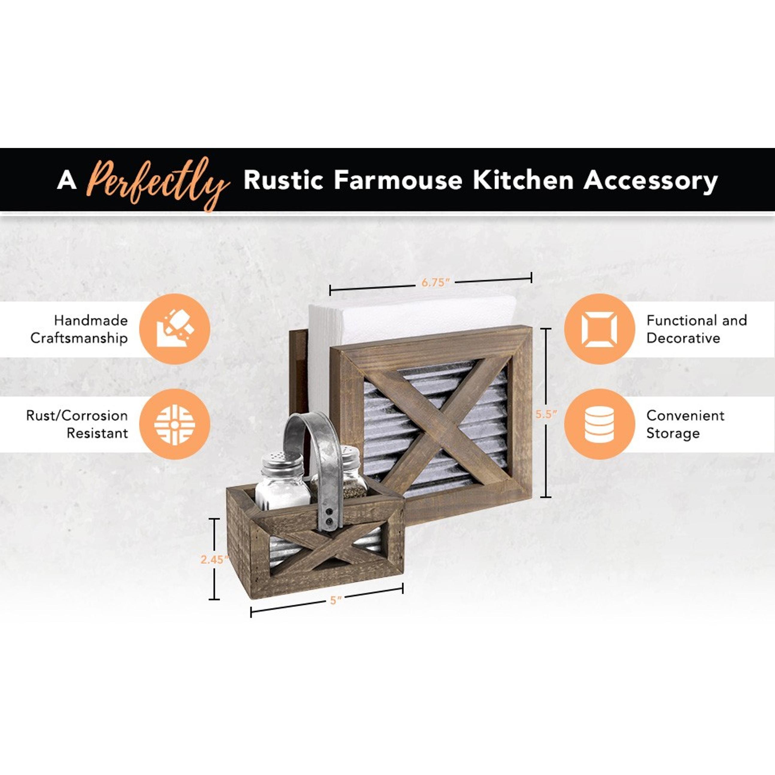 Farmhouse Napkin Holder and Adorable Farmhouse Salt and Pepper Shakers Set With Wood Holder - Western Kitchen, Galvanized Metal - Upright Rustic Napkin Holder Rustic Kitchen Décor (Brown) Farmhouse Napkin Holder and Adorable Farmhouse Salt and Pepper Shakers Set With Wood Holder - Western Kitchen, Galvanized Metal - Upright Rustic Napkin Holder Rustic Kitchen Décor (Brown)