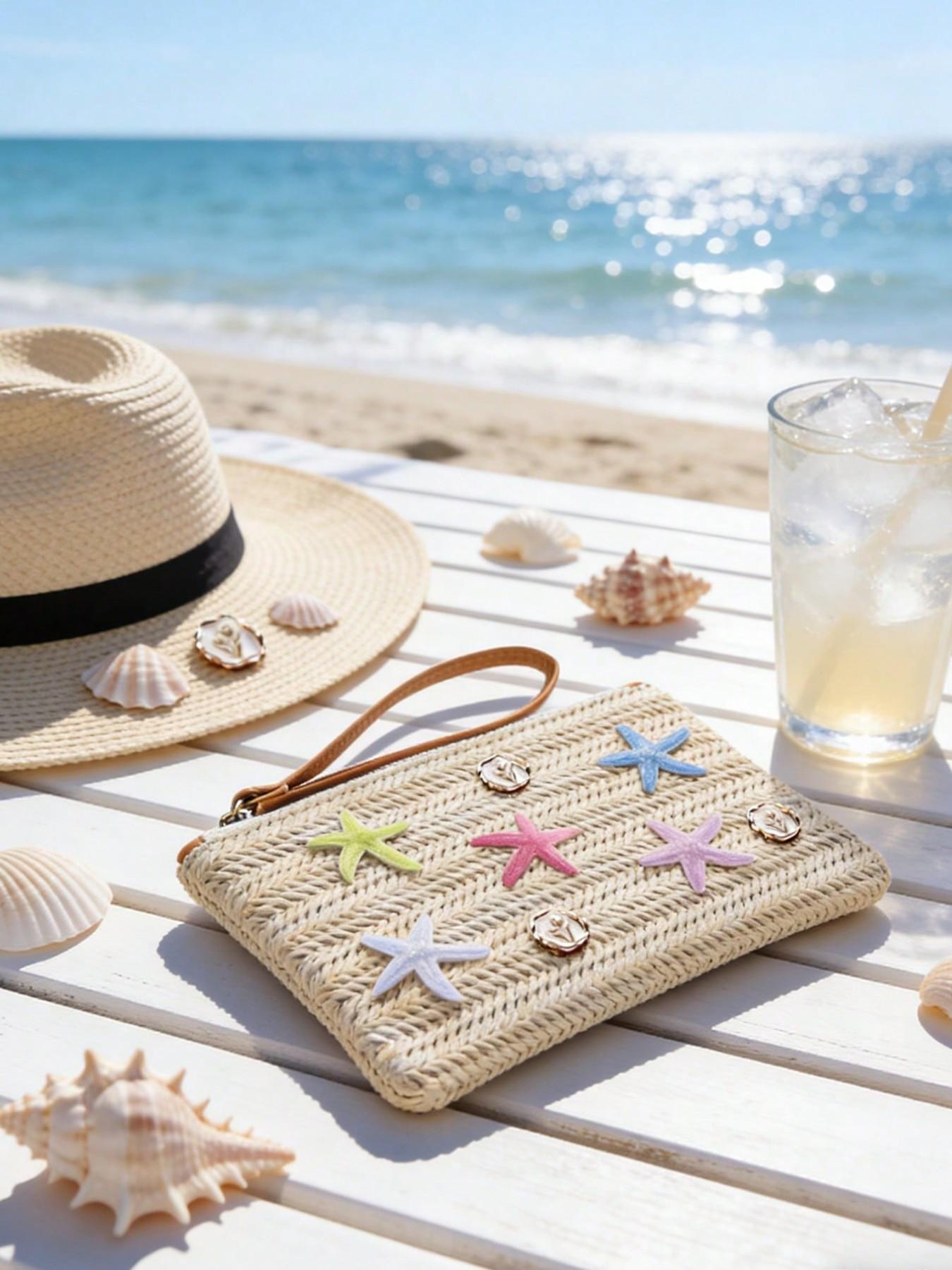 Boho Starry Straw Handbag, Colorful Star Decor, Beach Travel Bag, Summer Vacation, Casual Outings, Mother's Day Gift, Women & Teens