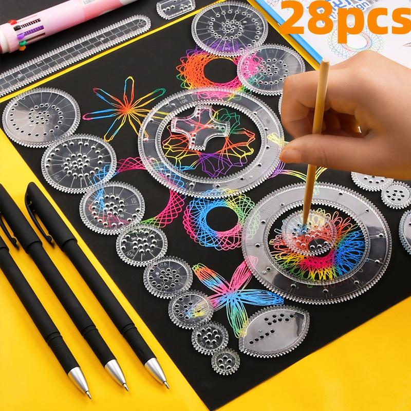 Transformative Drawing Ruler Set, Educational Toy Style Gear Rolling Pattern, Multifunctional Rulers for Flower Spiral Star Shapes