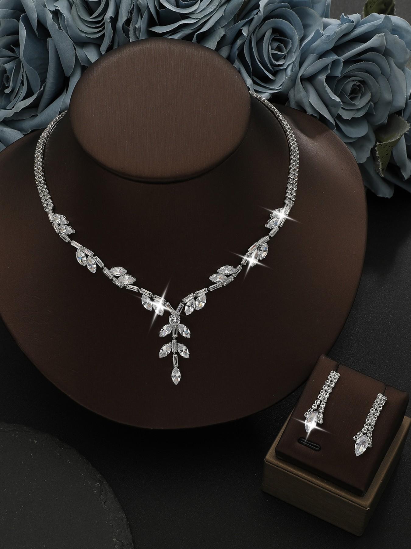 Luxury Zircon Leaf Necklace Earrings Set, Full Diamond Branch Design, Elegant Evening Lockbone Chain Studs, Perfect Gift for Her