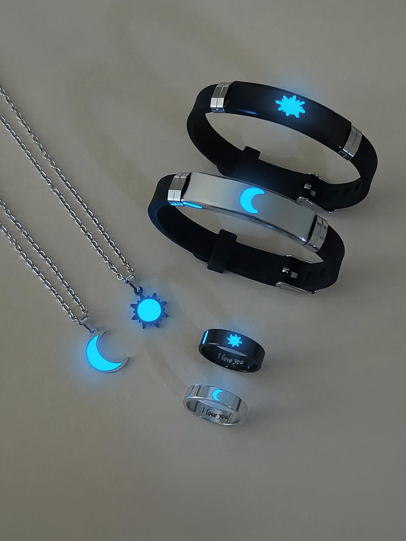 6 Piece Glow-In-The-Dark Moon & Sun Couple Necklace Bracelet Ring Couples Jewelry Set, Simple Cute Style, Perfect Gift for Valentine's Day