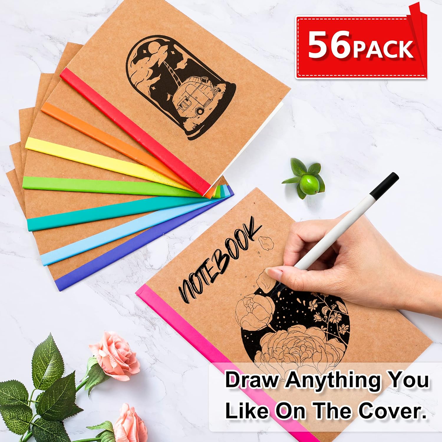 56 Pack Composition Notebooks Bulk,  Cover Lined Blank College Ruled Composition Travel Journals with Rainbow Spines For Women Students Business, 60 Pages, 8.3"x 5.5", A5, 8 Colors