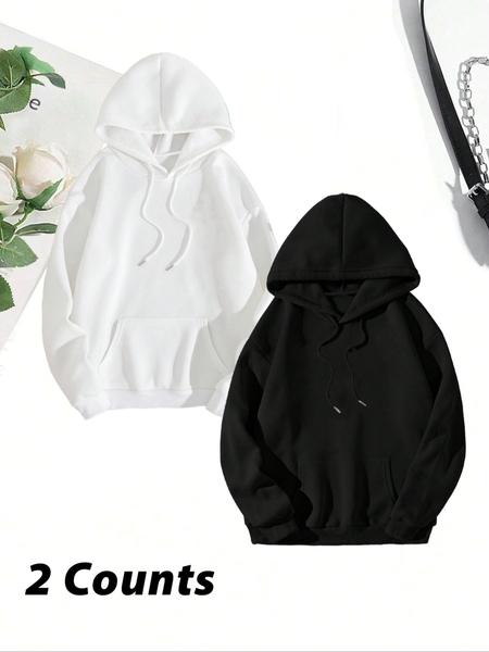 Women's Solid Color Drawstring Pocket Hoodie, Casual Long Sleeve Hooded Sweatshirt for Fall & Winter, Women's Clothes for Daily Wear