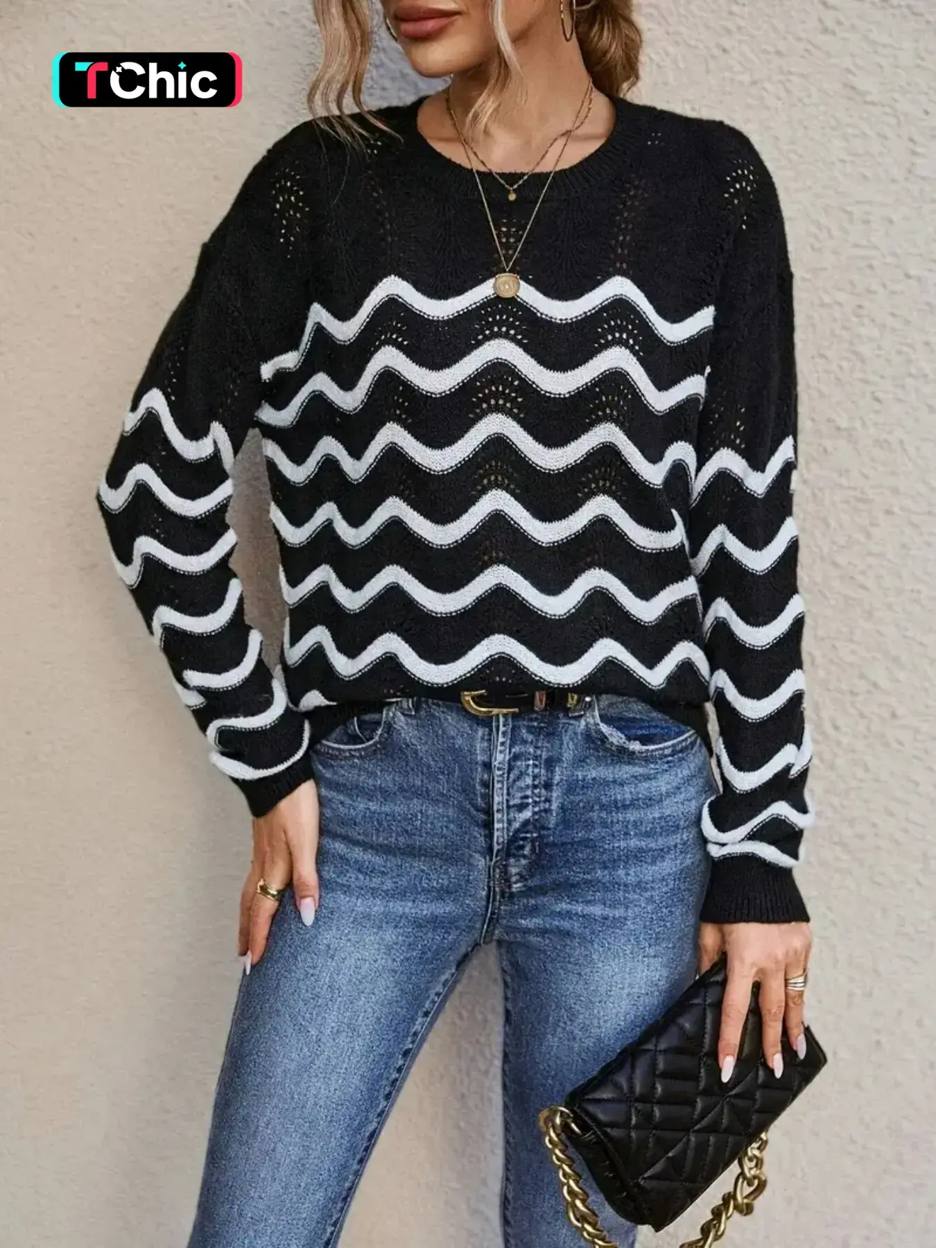 Round Neck Wave Pattern Cut Out Mesh Knit Drop Shoulder Sweater, Casual Loose-Fitting Colorblock Top for Spring & Fall