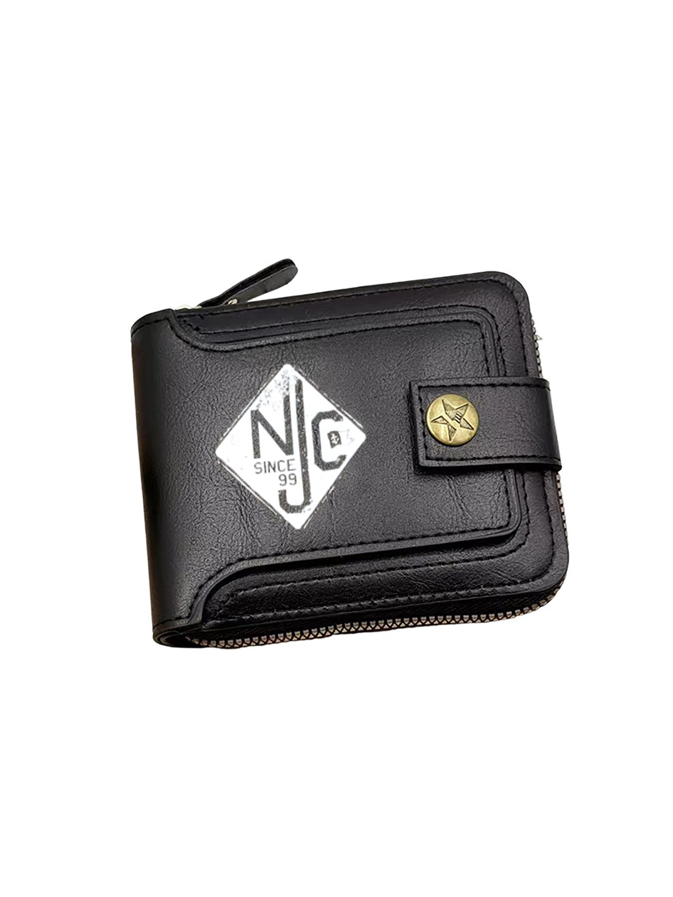 Vintage Black Leather Wallet with NJC Logo Print Design  Stylish Daily Use Gift for Men  Durable Zipper and Button Closure  Perfect Birthday  Christmas  Father's Day  Valentine's Day Gift for Boyfriend  Husband  and Friends  Practical Travel and Office