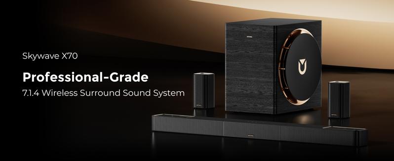 Limited Sale-ULTIMEA Skywave X70 7.1.4ch Professional Wireless Surround Sound System for TV, Dolby Atmos, Home Theater, 980W Sound Bar with 10" Wireless Subwoofer, Powerful Bass, 20Hz Low Frequency, 4K HDR Pass-Through, Bluetooth and APP Control Audio