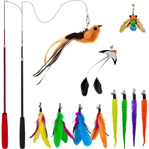 NEW  Interactive Cat Wand Toy Set – 2 Retractable Wands (37" & 49") with 11 Refills Attachments – Feather Toys, Plush Bird, Worms, Insect & Swallow – Cat Teaser Toys for Indoor Cats & Kittens