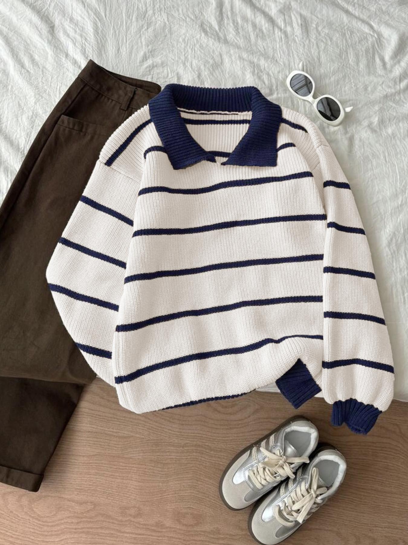 Autumn Winter Striped Polo Neck Long Sleeve Pullover Sweater, Fashionable Lazy Casual Loose Fit Knitwear, Versatile Style, Womenswear