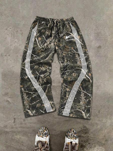 Men's Y2K Street Style Loose-Fit Straight Leg Sweatpants, Athleisure Style Bottoms, with Stripes & the Star Print, Casual Drawstring Waist Pants