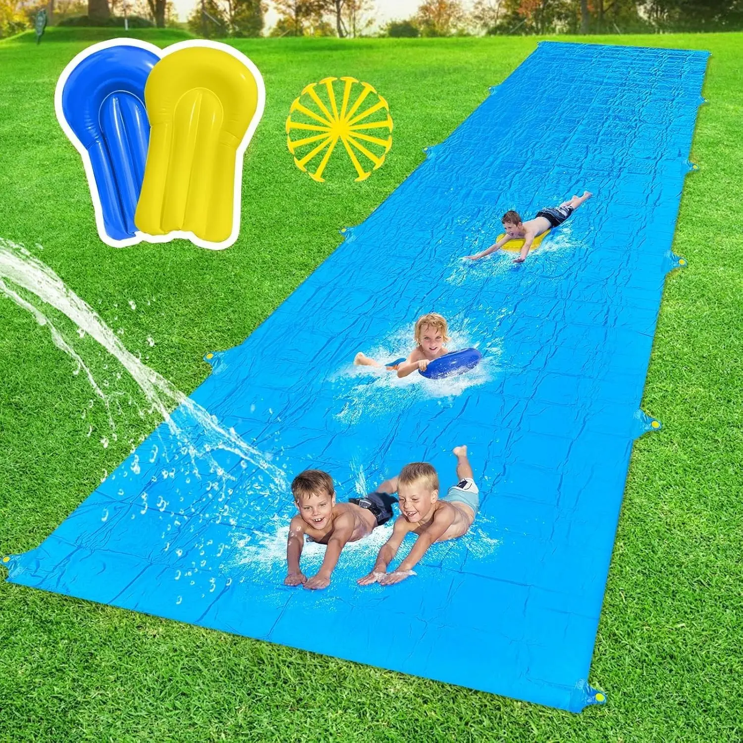 40FT Giant Heavy Duty Slip and Water Slide for Kids and Adults, Summer Backyard Outdoor Water Toy with 14 Stakes and 2 Inflatable Bodyboards