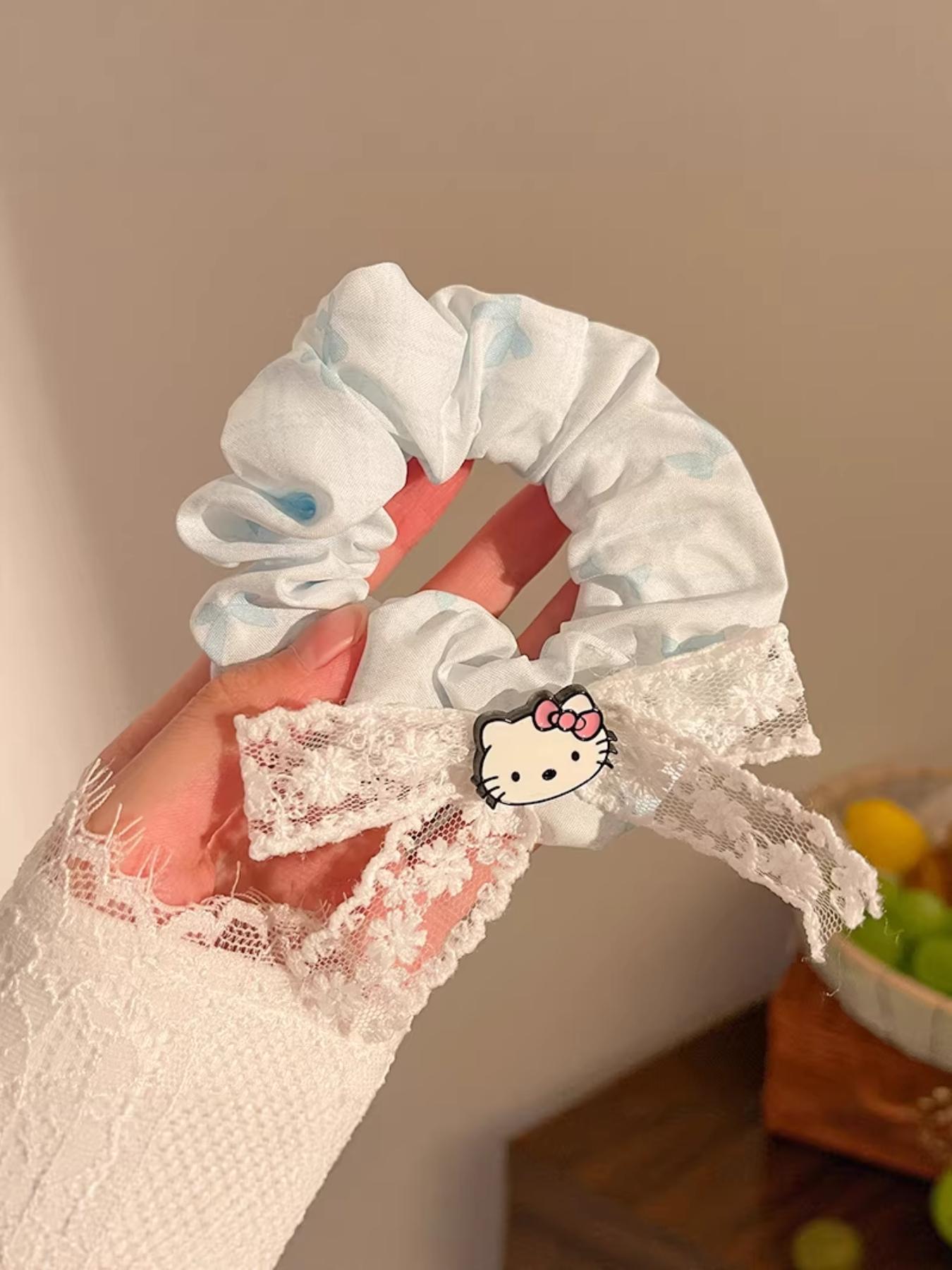 Two-Pack Lace Trim Kt Hair Ties, Cute Butterfly Knot Cartoon Girl Cat Ponytail Elastics, Daily Commute Party Gift Accessories