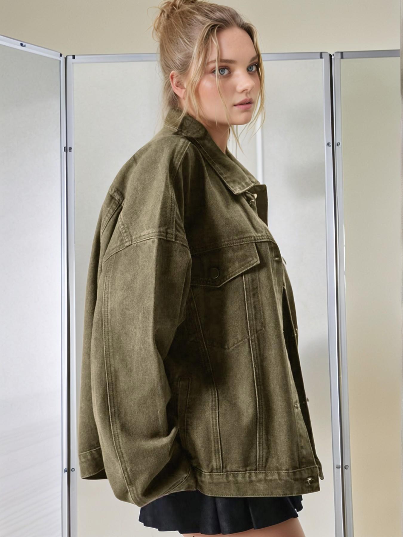 Women's Plain Basic Button-Front Drop-Shoulder Fitted Denim Jacket Coats, Casual Long-Sleeve Collared Pocket Outerwear for Daily Wear, Aesthetic Womenswear