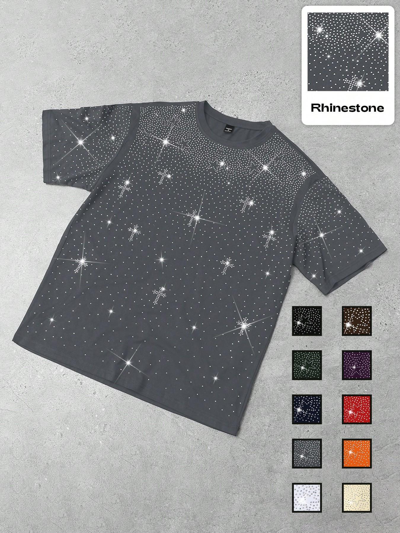 Men's Gothic Cross Rhinestone Embellished T-Shirt | Lightweight Breathable Polyester, Black Base with Sparkling Rhinestone Star & Cross Print, Oversized Fit, Y2K Streetwear Casual Tee, Ideal for Party, Night Out, Urban Street Style & Edgy Looks