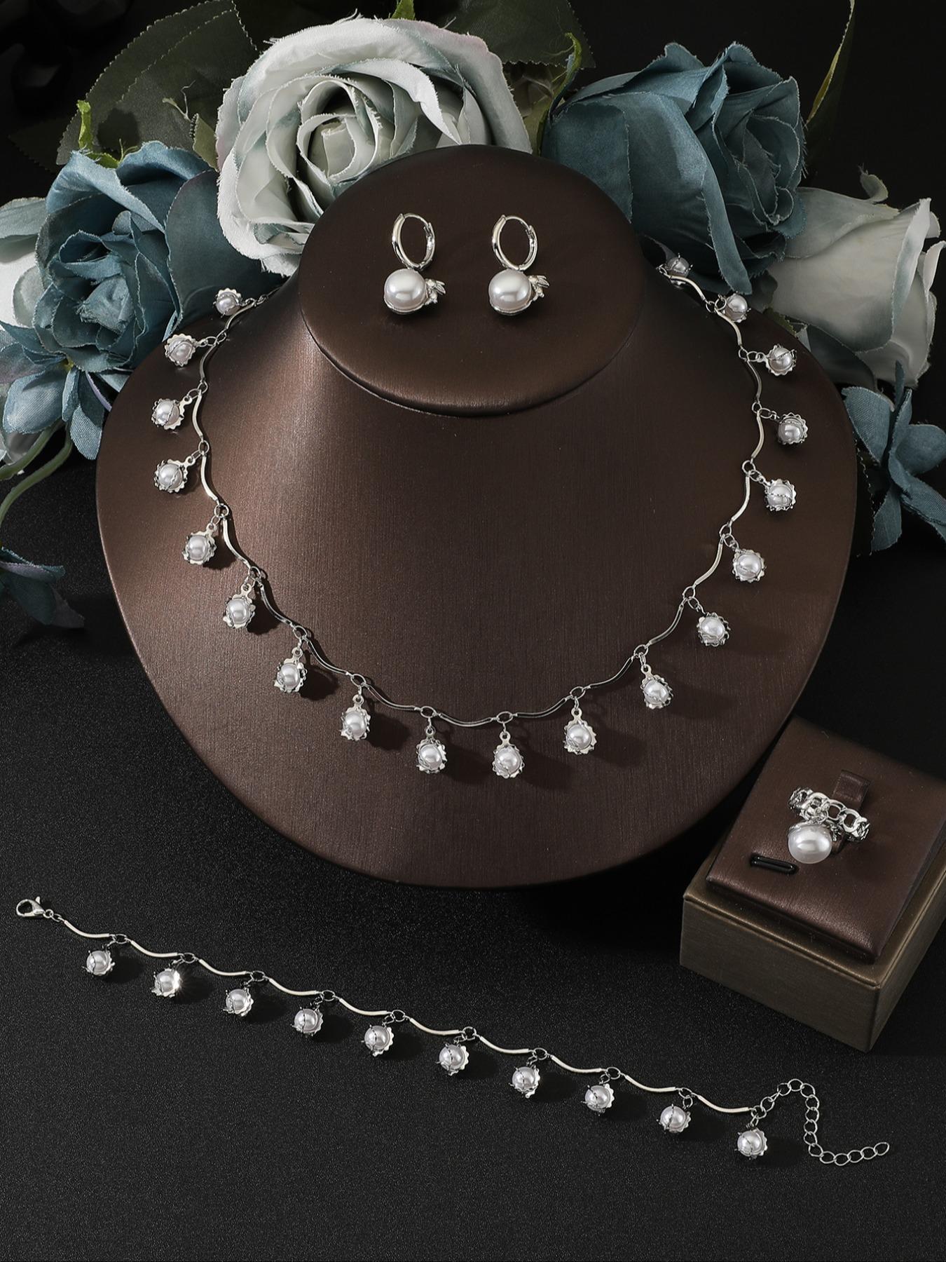 3 Piece Pearl Zircon Wave Necklace Set, Elegant Ladies' Delicate Collar Chain, Wedding Party Jewelry, Birthday Gift