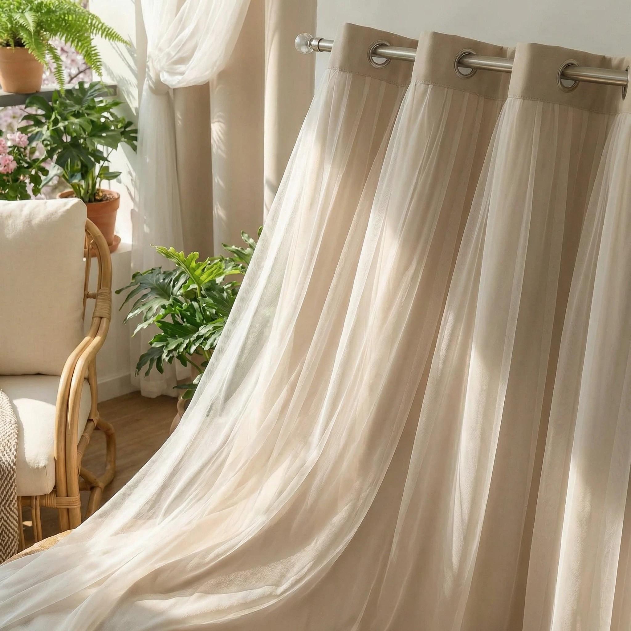 French Romantic Aesthetic Two-Layer Cloth Light-Blocking Finished Curtain, Fashionable Hole Drapery for Living Room, Stylish and Trendy Window Covering, Home Textile
