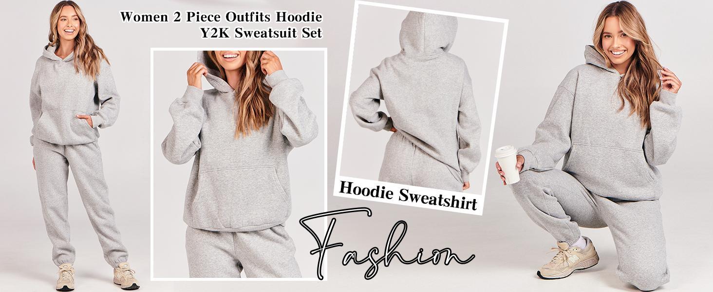 Womens 2 Piece Outfits Long Sleeve Hoodie Casual Oversized  Basic Cozy Jogger Sweatpants Y2K Comfortable Tracksuit Sweatsuit Set