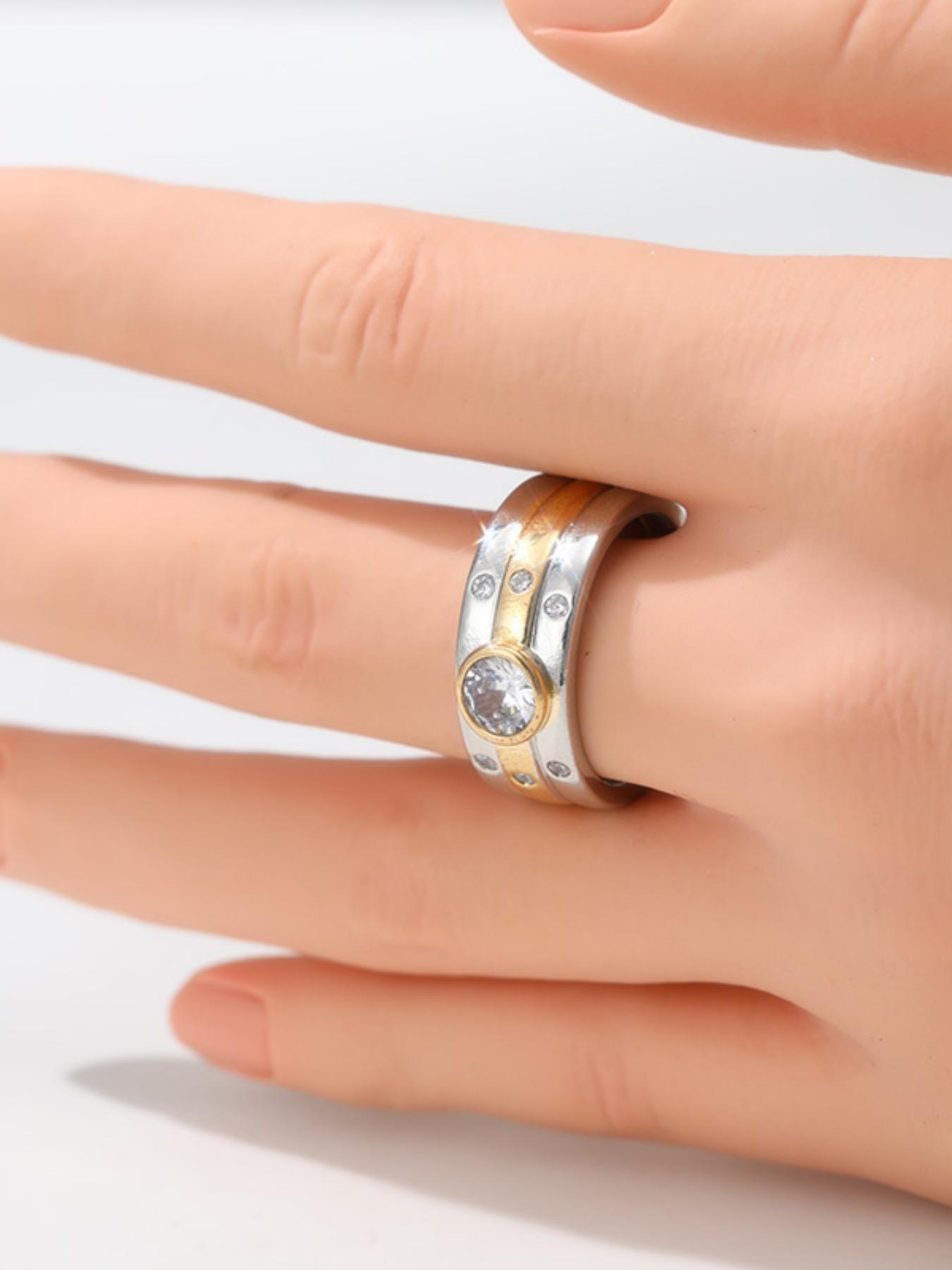Two Tone Splicing Wide Face Ring with Circular Synthetic Zircon Inlay for Couples, Commemorative Day Gift Ring